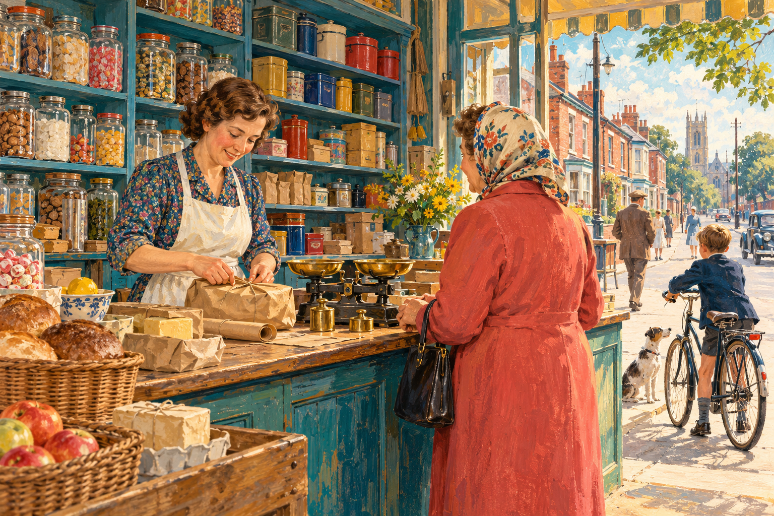 Imagined painted scene of a shopkeeper wrapping a parcel at a neighbourhood shop counter