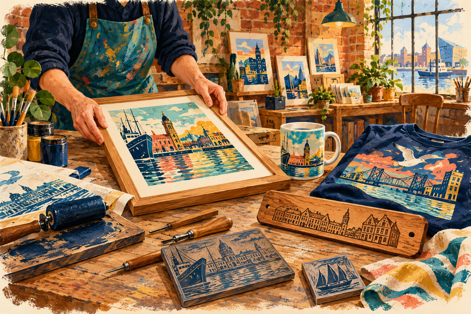 Illustrated heritage workshop with a framed print, wooden plaque, printed mug and fabric on a workbench