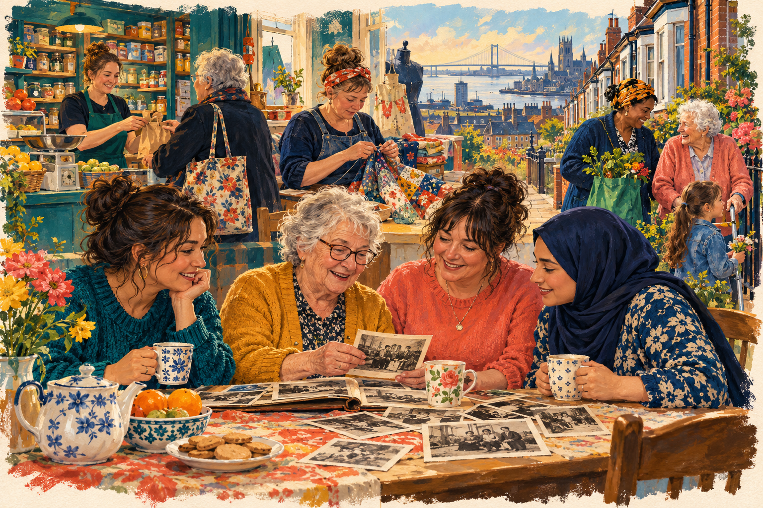 Illustration of women sharing tea and family photographs, with symbolic scenes of shopkeeping and skilled mending
