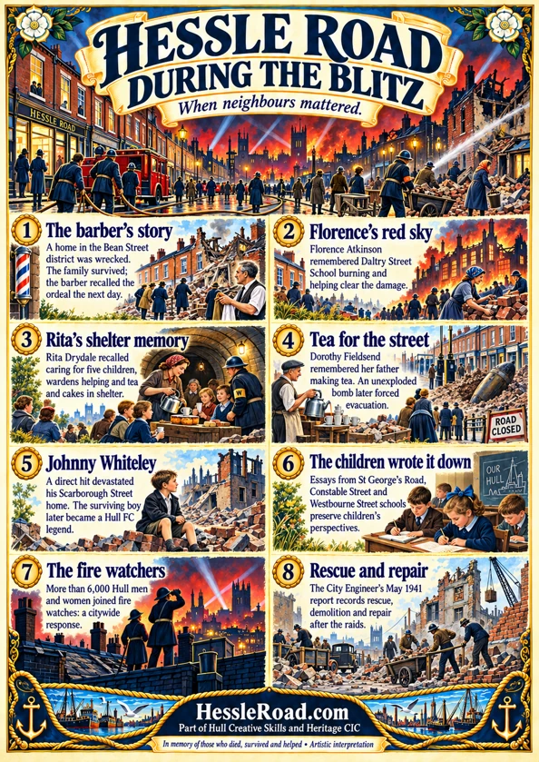 A3 commemorative poster with wartime illustration and eight sourced stories